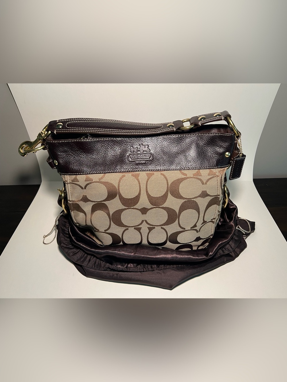 Coach Signature Canvas & Leather Hobo Shoulder Bag Brown Monogram Gold Hardware